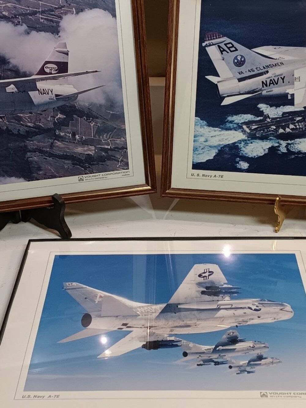 3 Vintage Framed Photo's - US Navy A-7 Corsair Aircraft & John F Kennedy Carrier